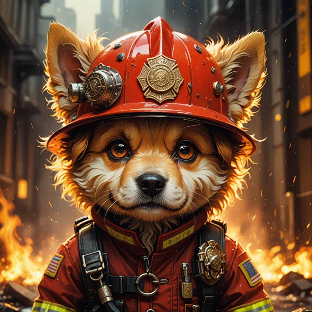 Chibi Firefighter Dog in Dramatic Action