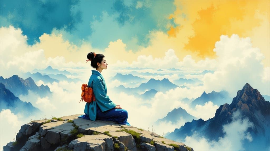 Serene Woman Meditating on Mountain Peak in Golden Light