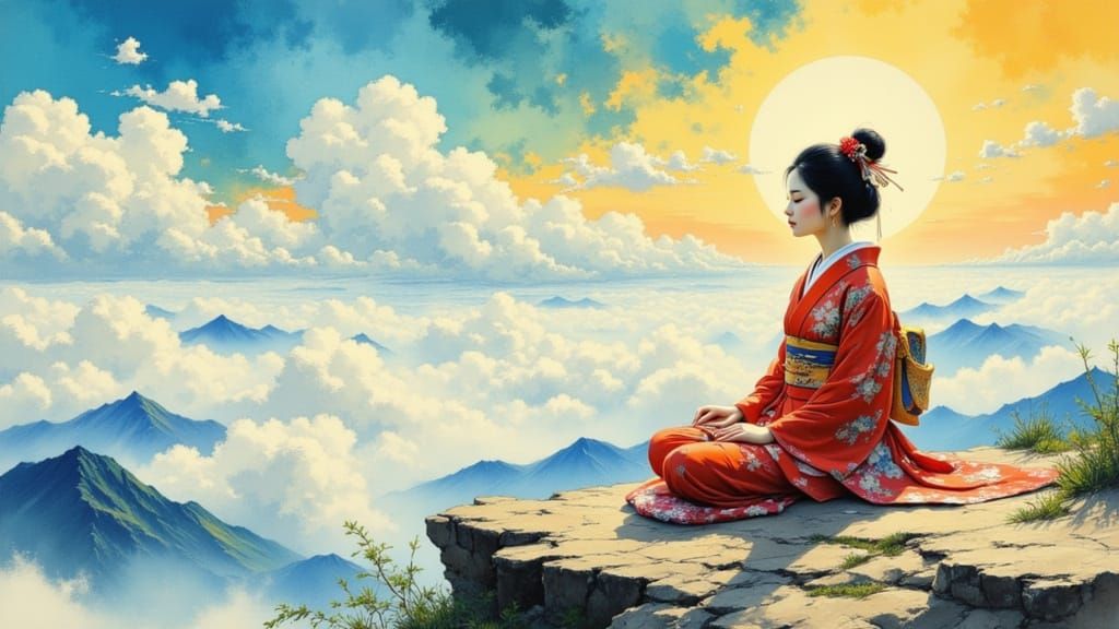 Serene Japanese Woman Meditating on Mountaintop