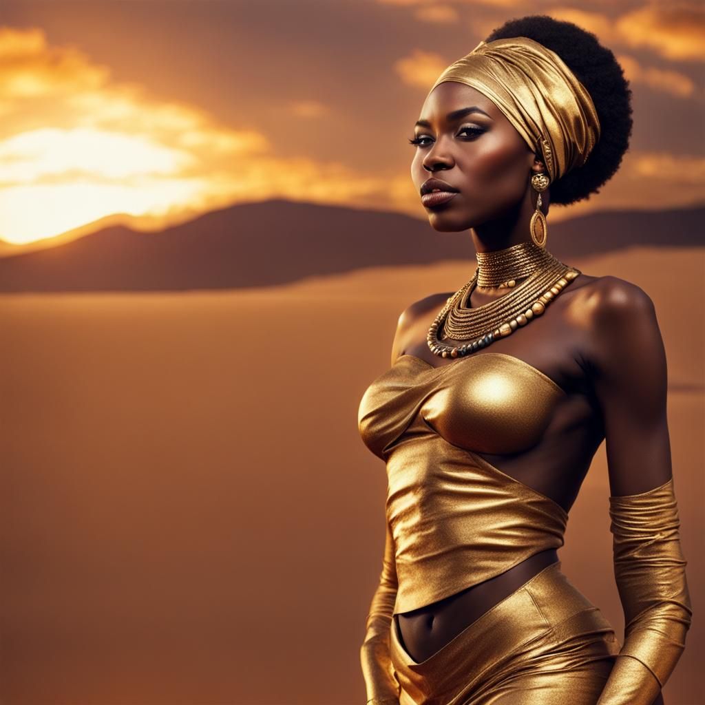 African Beauty in Golden Desert Sunset
