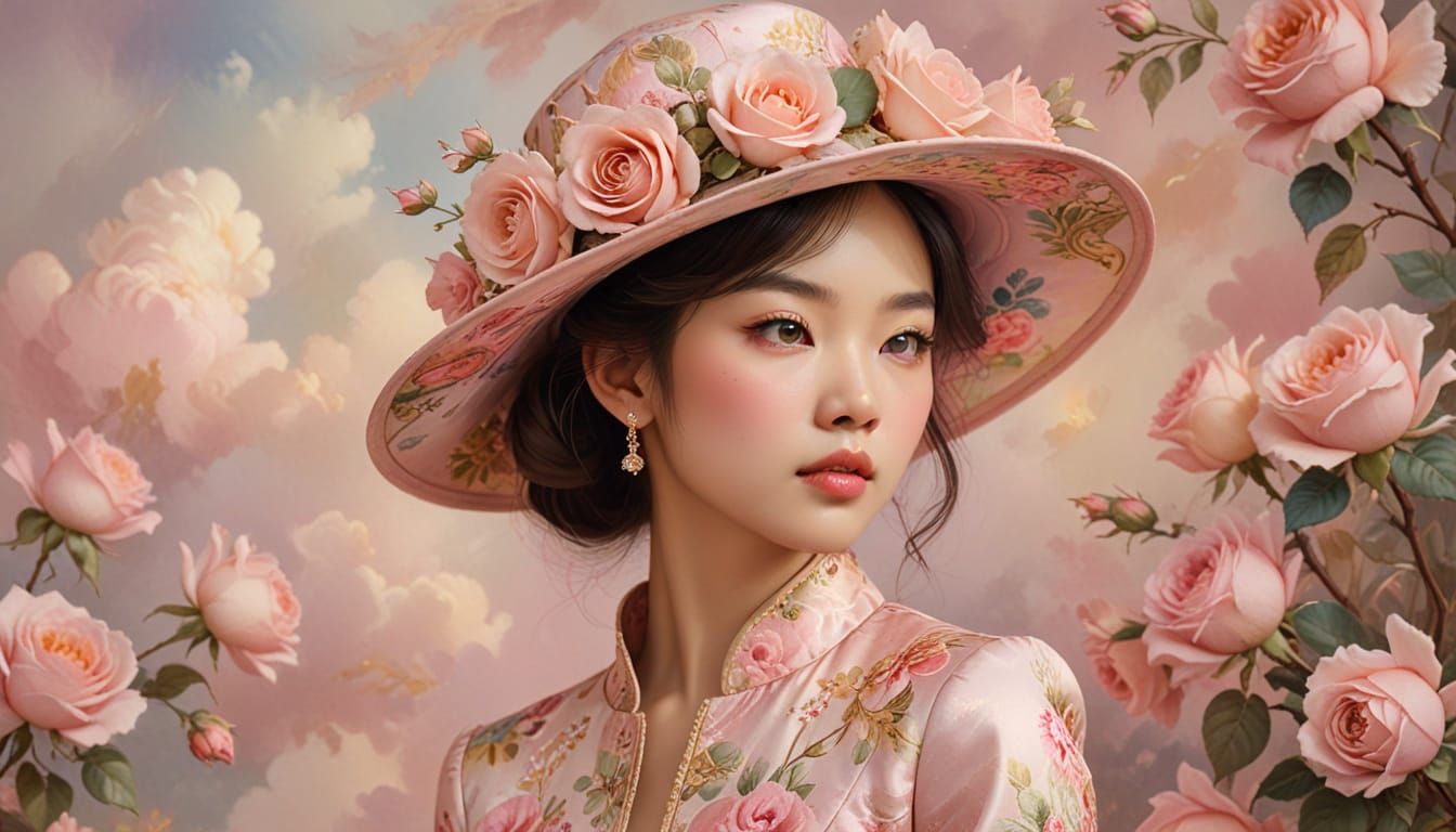 Floral Baroque: Asian Woman in Dreamy Portrait