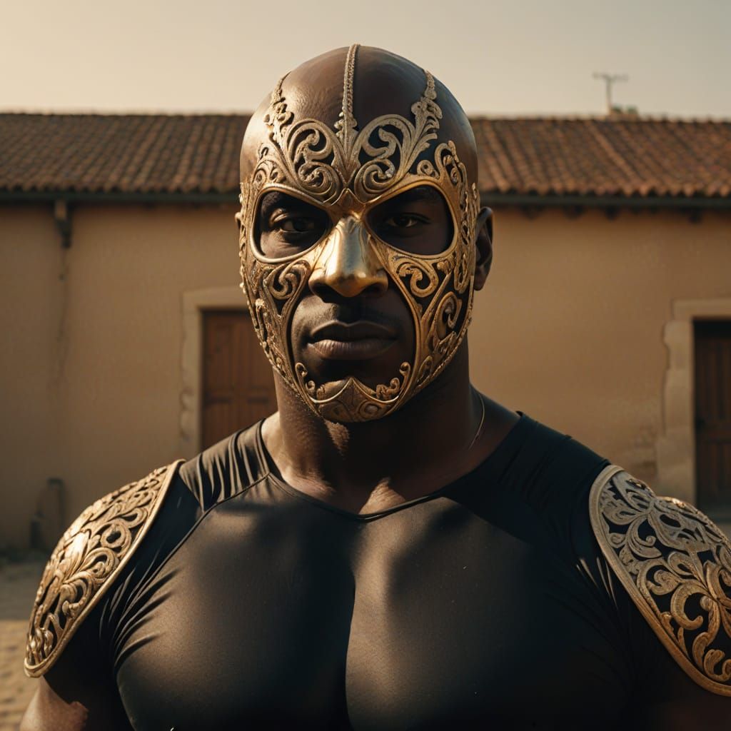 Hyperrealistic Portrait of Wrestler in Black Costume