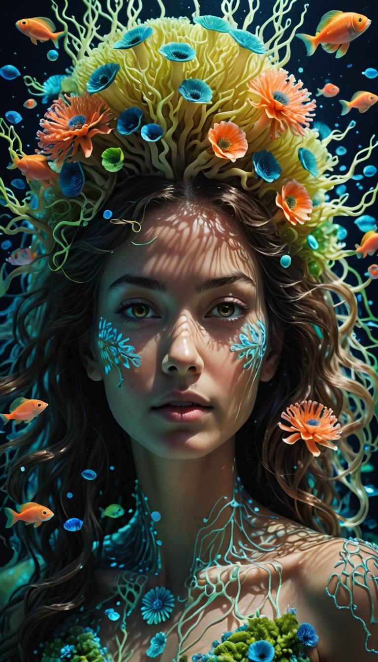 Coral Goddess in Fluorescent Bioluminescent Dreamscape