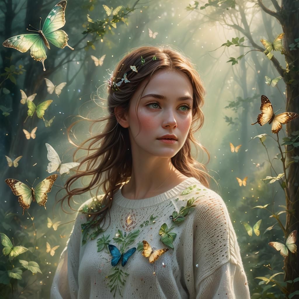 Ethereal Woman with Butterflies in Dreamy Landscape