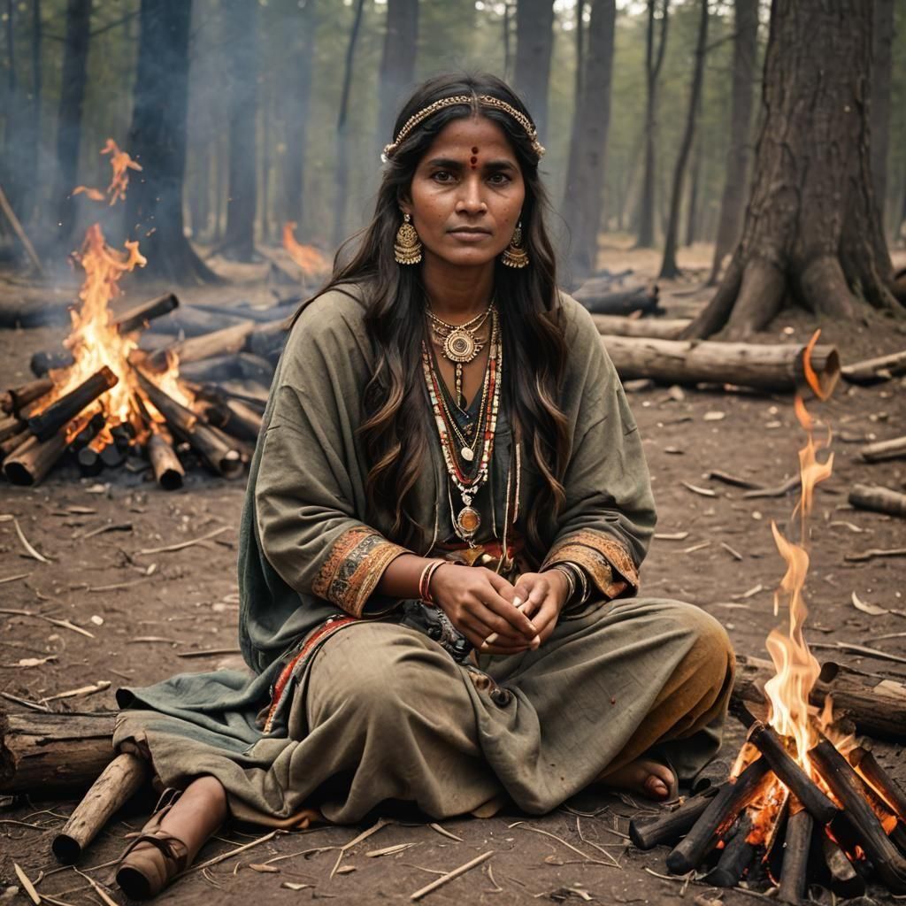 Native American Woman Around Campfire in Traditional Dress