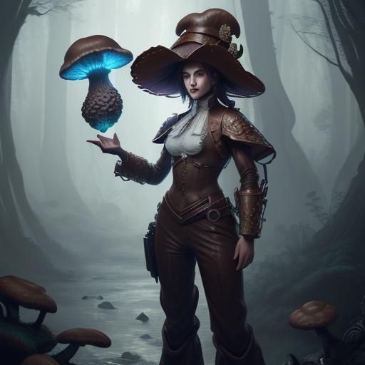 Morel Mushroom Humanoid Traveller in Detailed Matte Painting