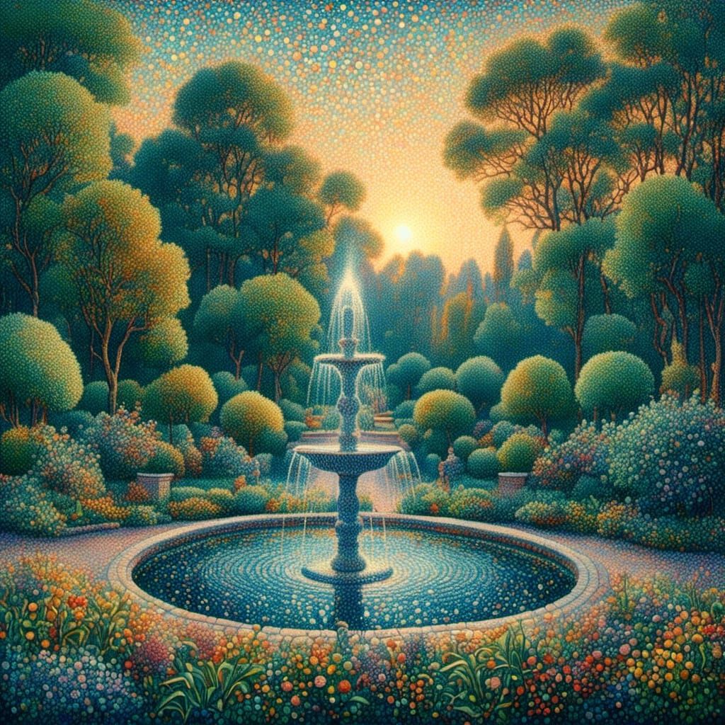 Twilight Garden Fountain in Pointillist Style