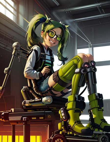 Portrait of a Smiling Jetpack Mechanic with Green Hair
