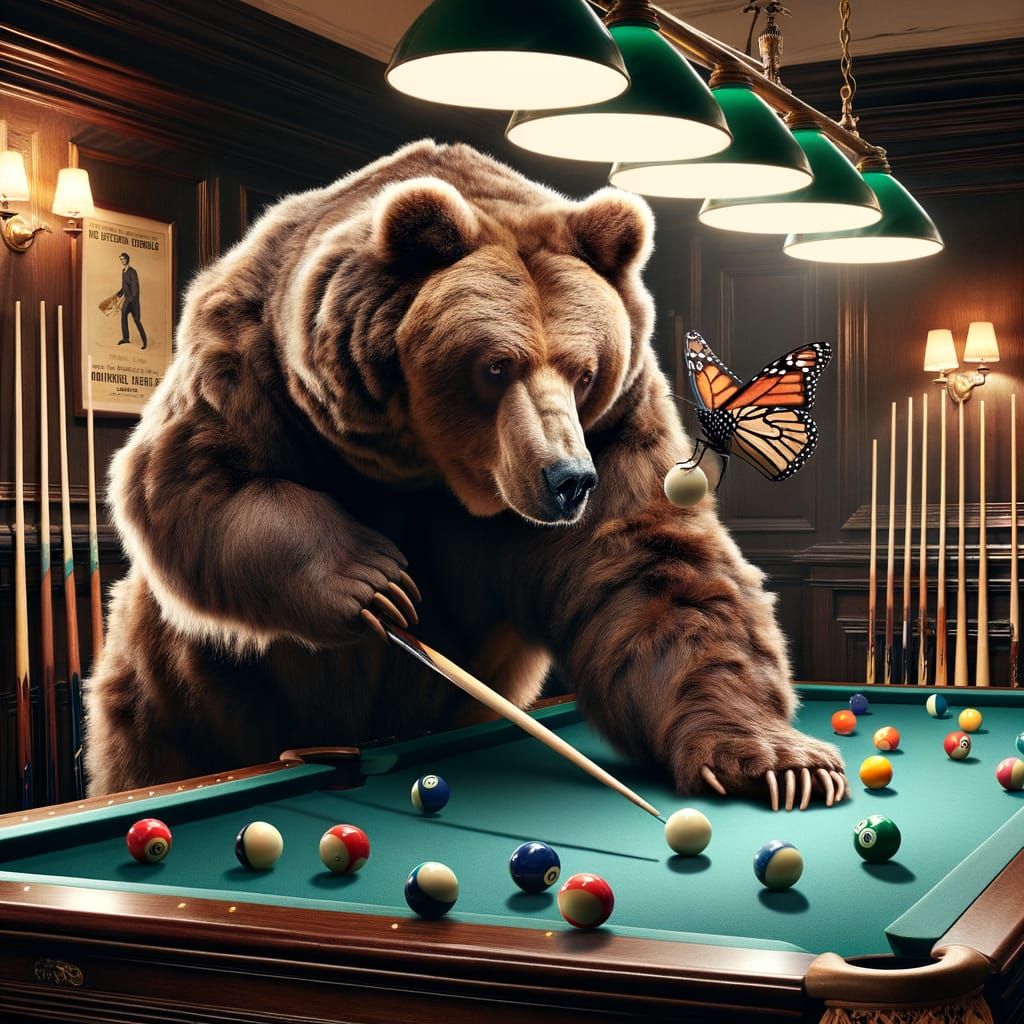Bear on Billiards Table with Butterfly