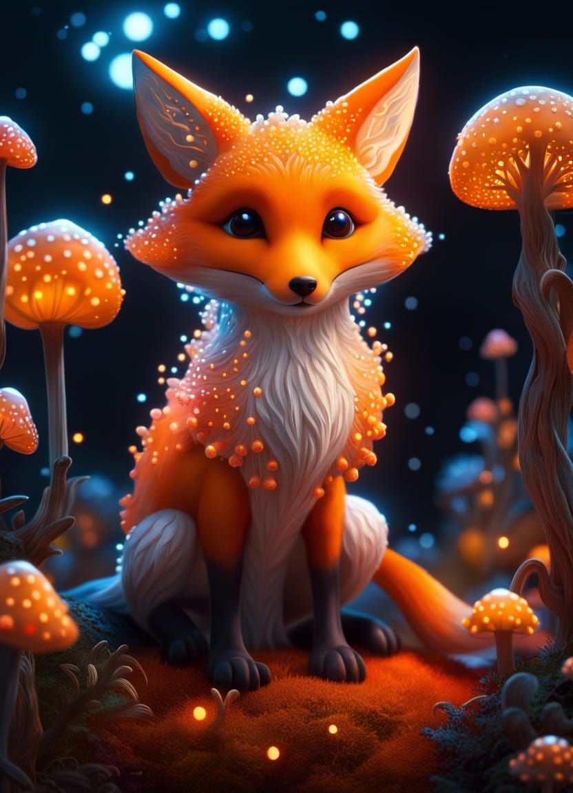 Symbiote Fox Constellation on Luminous Mushrooms, 3D Render