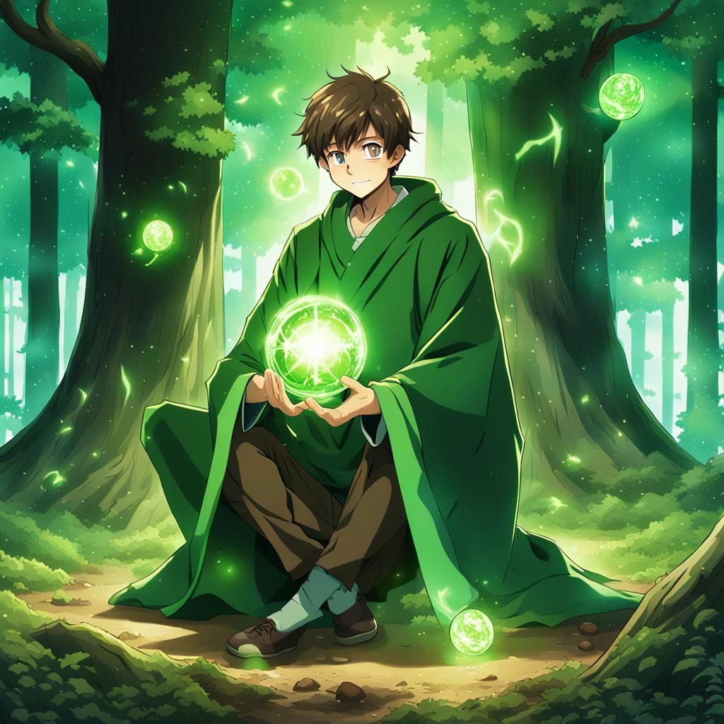 Green Mage Casting Magic in Forest, Anime Style