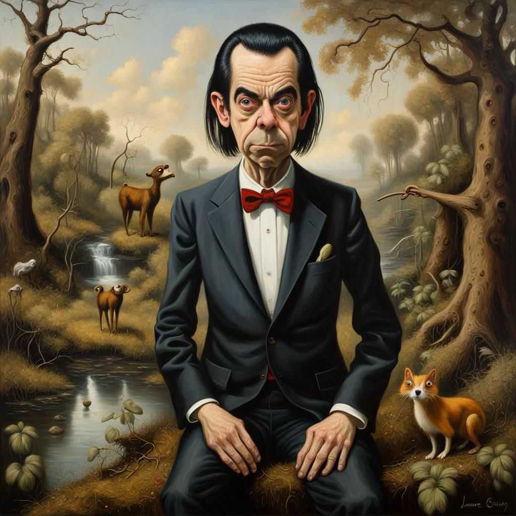 Mr. Bean and Nick Cave Hybrid, Oil Painting