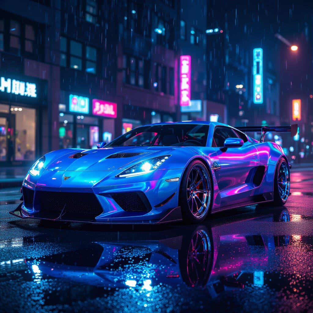Cyberpunk Chameleon Sports Car on Neon City Street