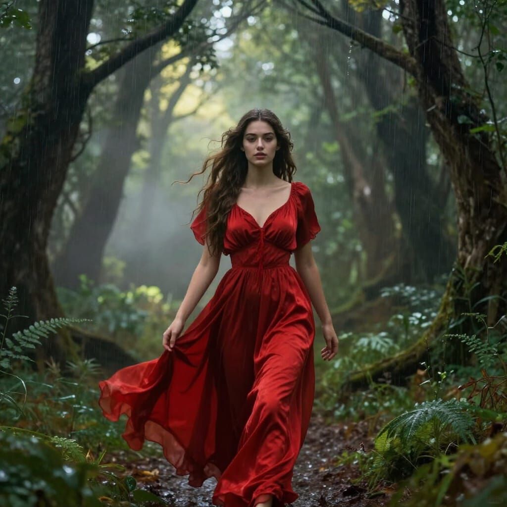 Princess in Red Dress Walks Through Enchanted Forest