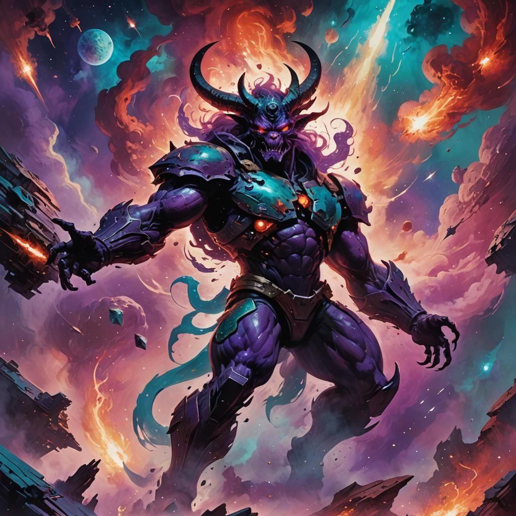 Dynamic fantasy concept art. Low-angle medium shot. intergalactic space demon in a dynamic pose, standing in front of th...