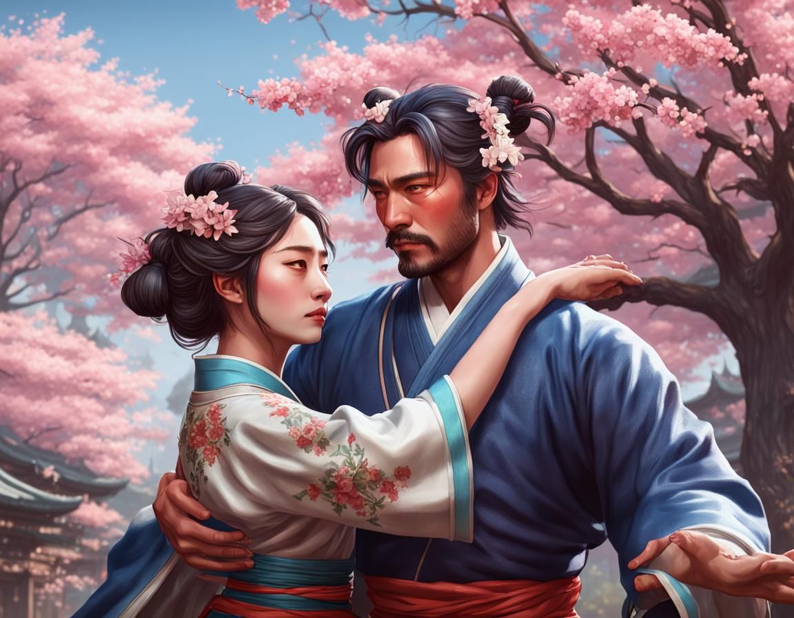 Japanese Dancing Couple Portrait in Spring, Detailed Digital...