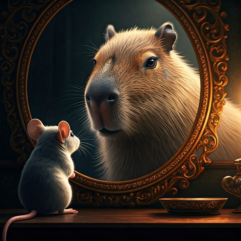 Mouse and Capybara Reflection in Ornate Mirror
