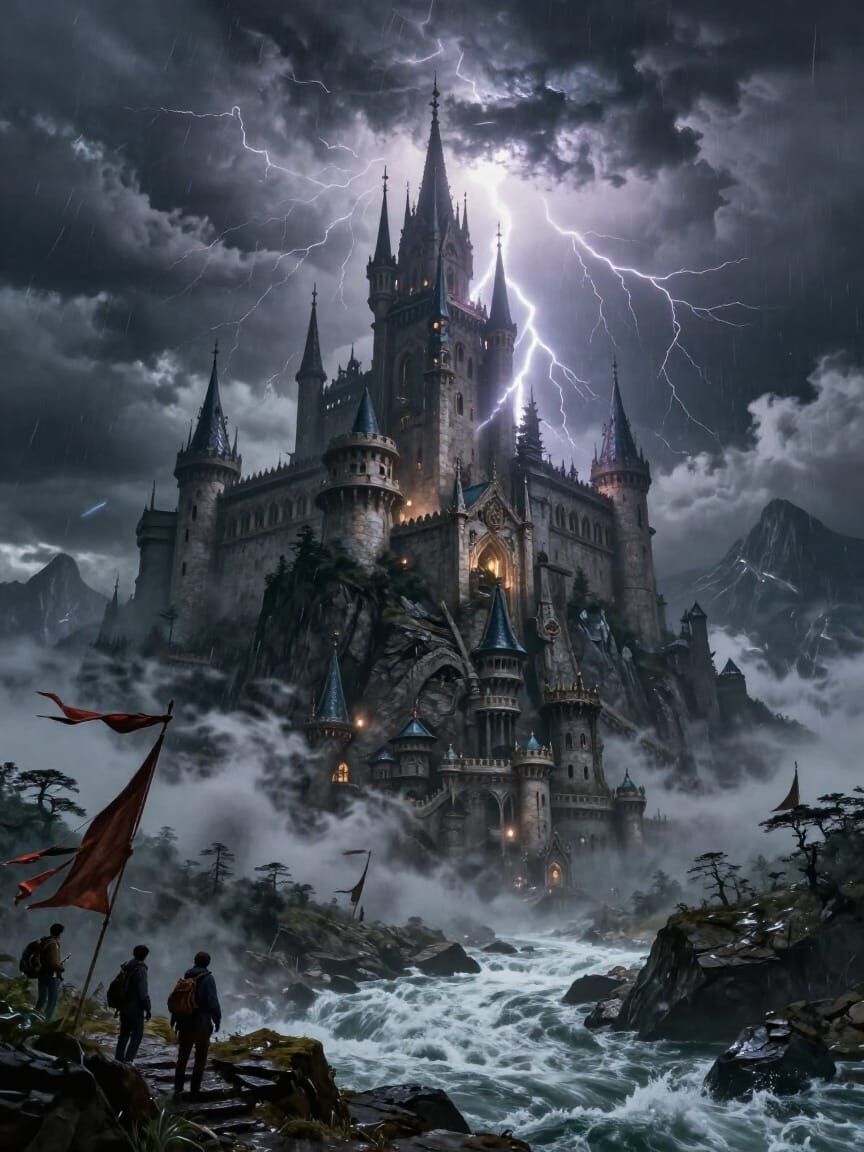 Dramatic Mountain Castle in Thunderstorm