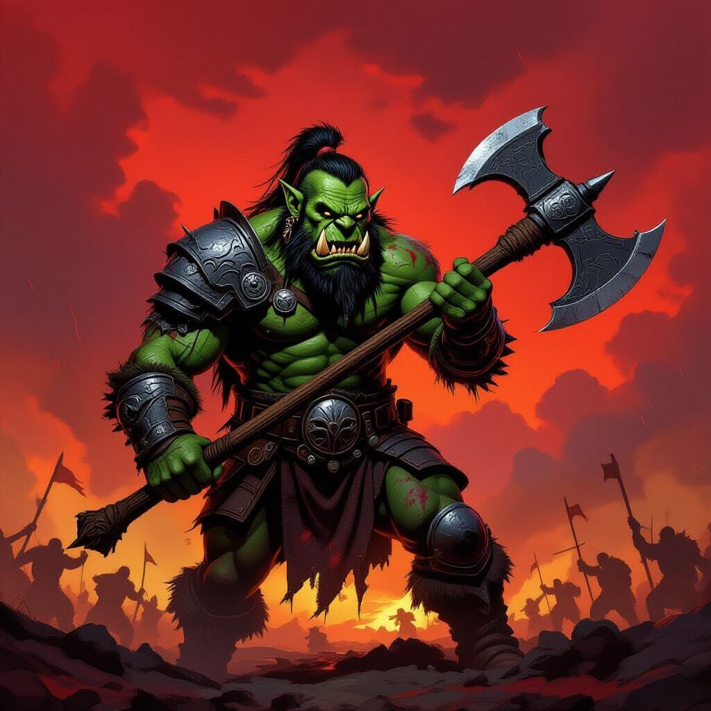 Ferocious Orc Warrior in Stormy Red Sky