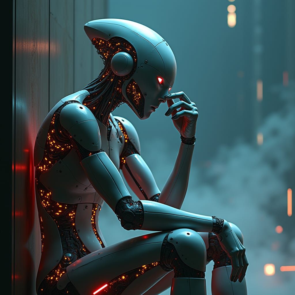 Pensive Android in Cyberpunk Electric Mist