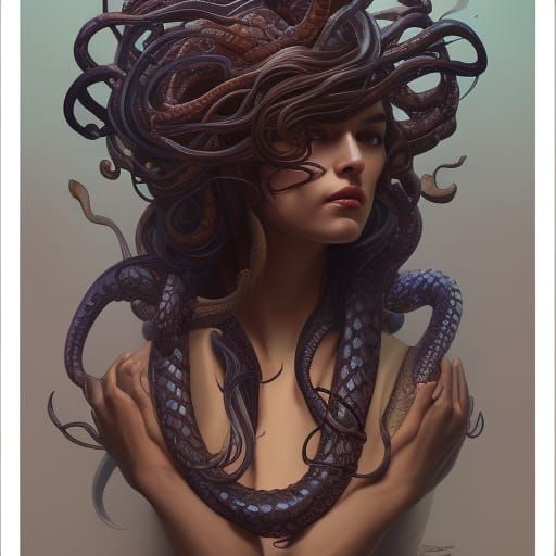 Medusa Portrait with Purple Snakes in Hyperdetailed Art