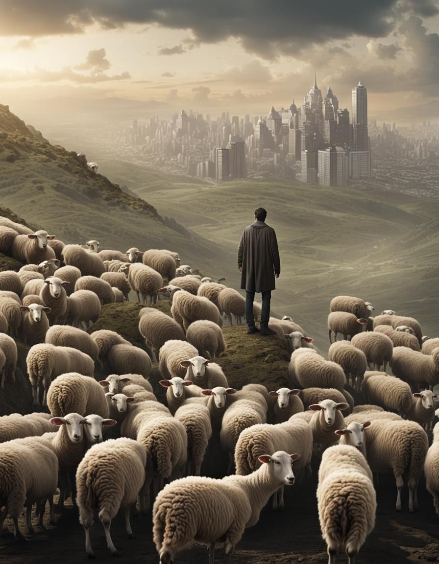 Shepherd Overseeing Sheep in Apocalyptic Landscape