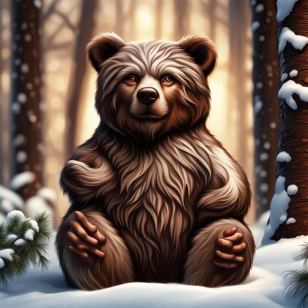 Realistic Chocolate Bear Portrait in Winter Woods