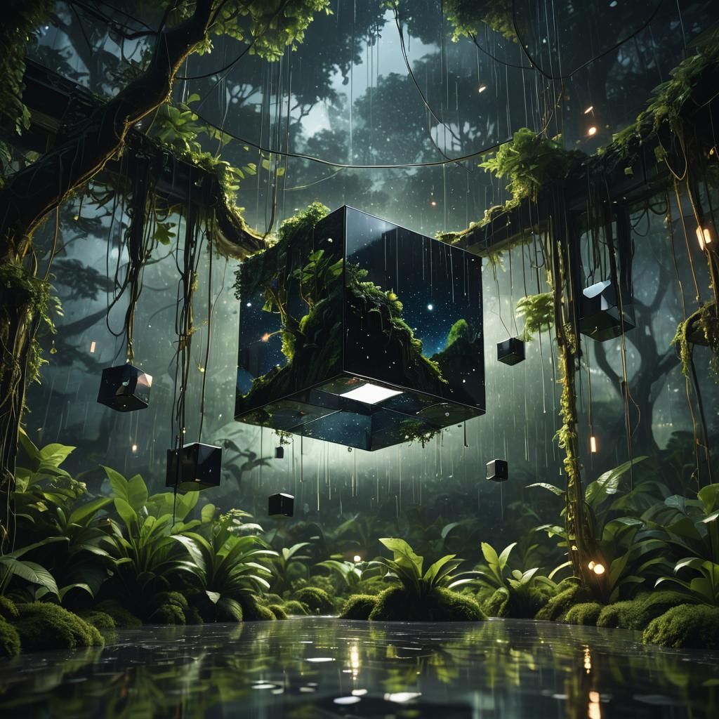 Mystical Rainforest: Reflective Cube in Digital Painting