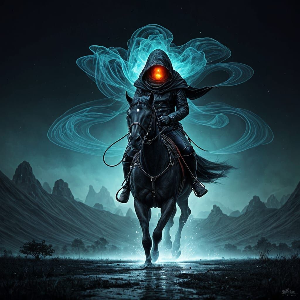 Eerie Rider in Misty Landscape: Vintage Oil Painting