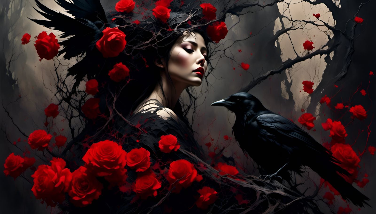 Witch Queen in Dark Forest with Crimson Roses
