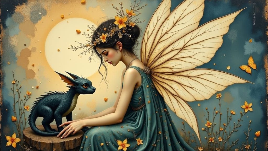 Ethereal Fairy Tends Injured Baby Dragon in Twilight