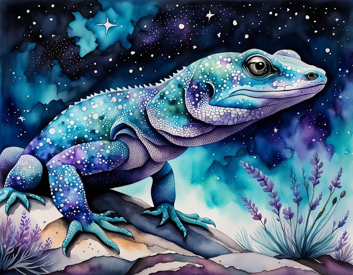 Night Sky Lizard Watercolor Painting by Károly Lotz