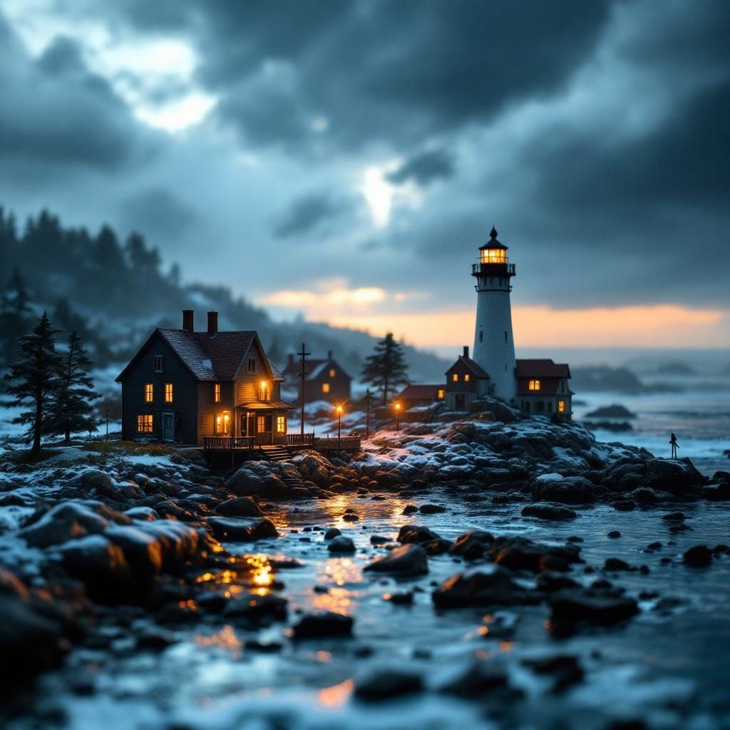 Miniature Stormy Harbor with Lighthouse Photography