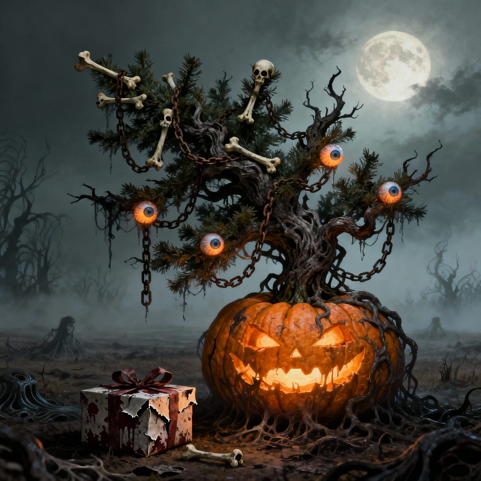 Gothic Christmas Tree Emerges From Sinister Pumpkin