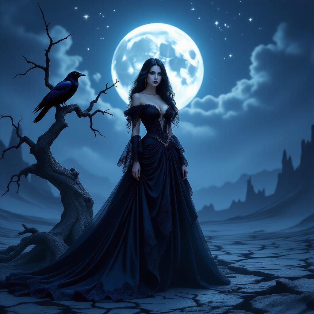 Gothic Fantasy Portrait of Mysterious Woman Under Moon