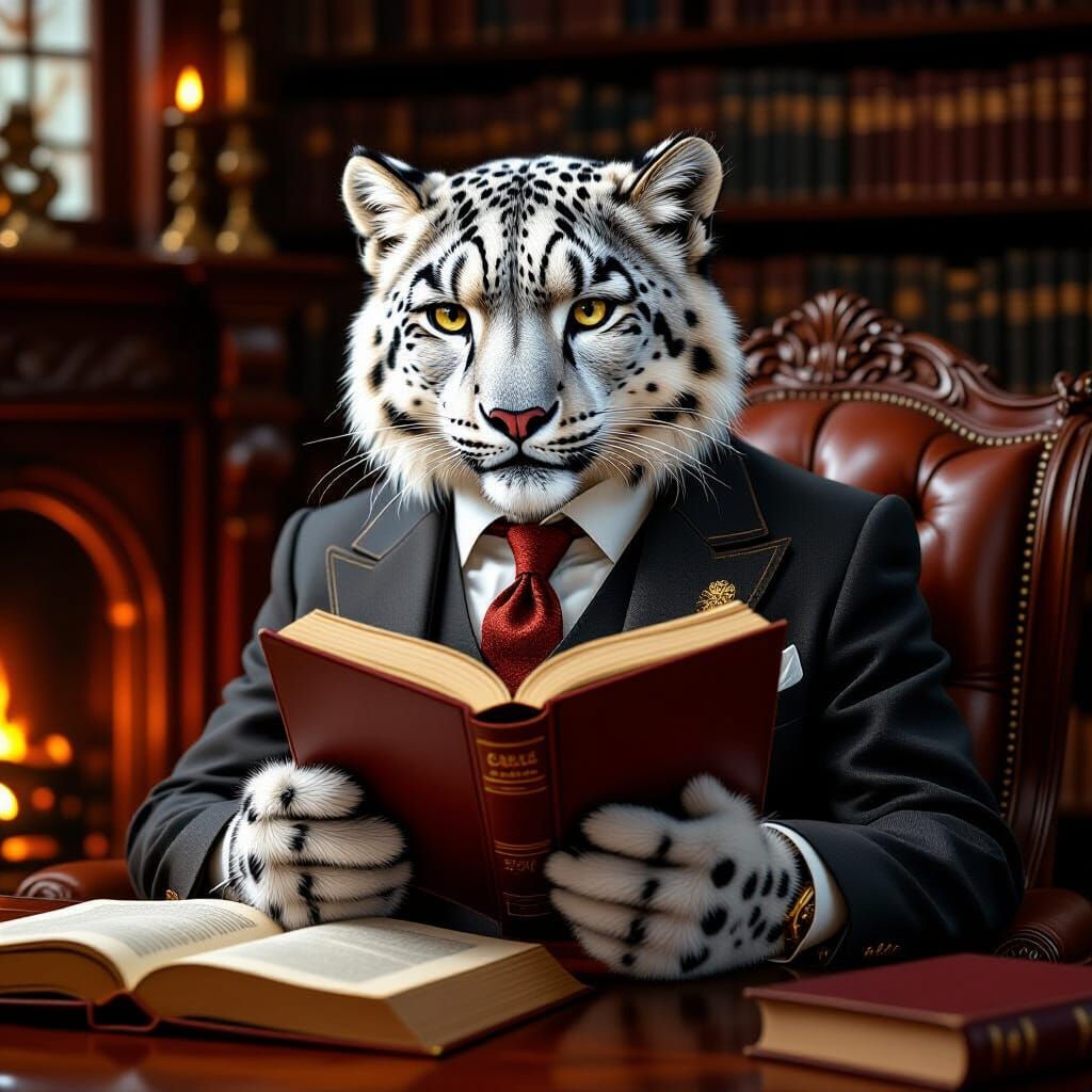 Anthropomorphic Snow Leopard Reads in Library