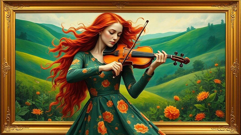 Surreal Irish Goddess Plays Fiddle in Dreamlike Emerald Isle...