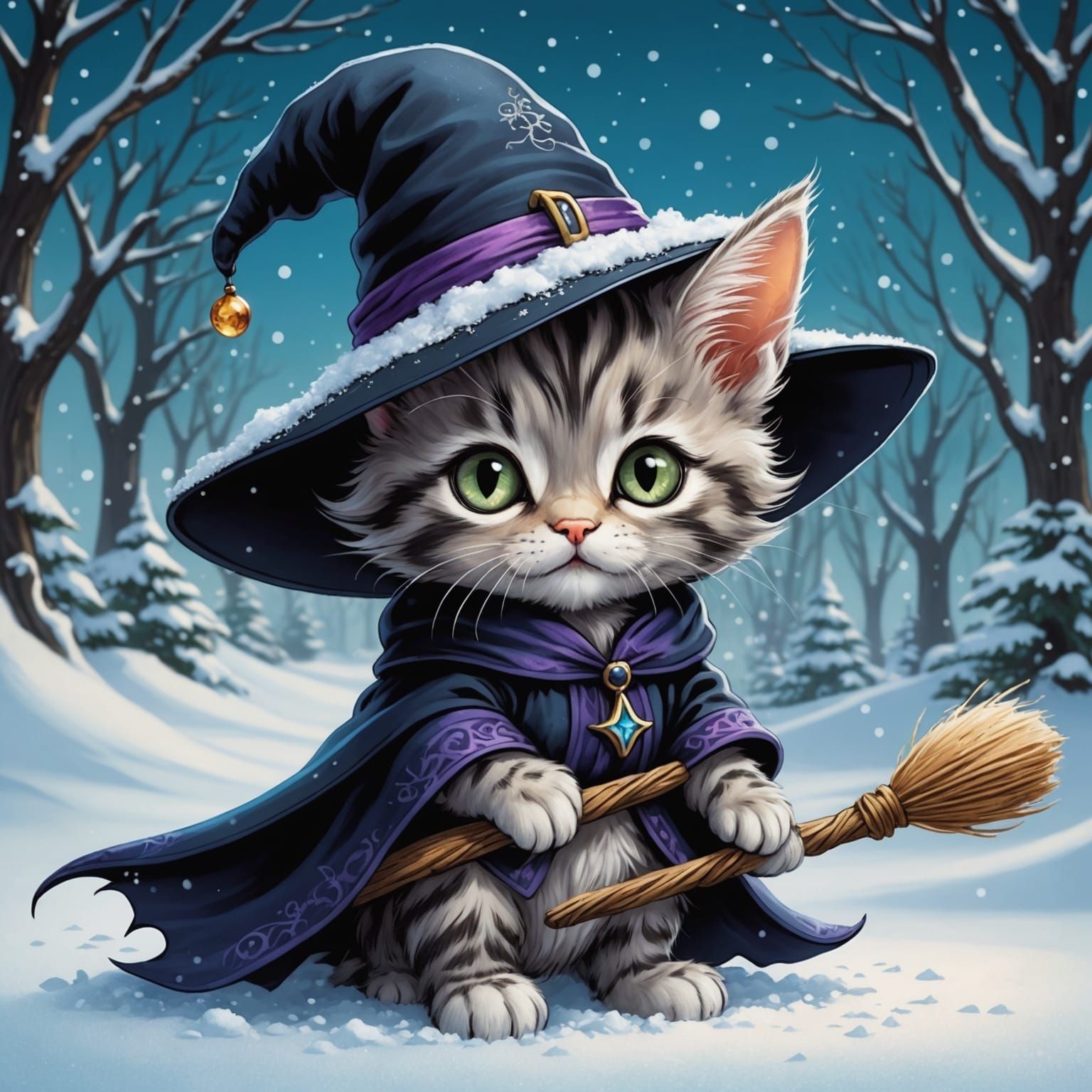 Cute Kitten Witch on Snow Comic Illustration