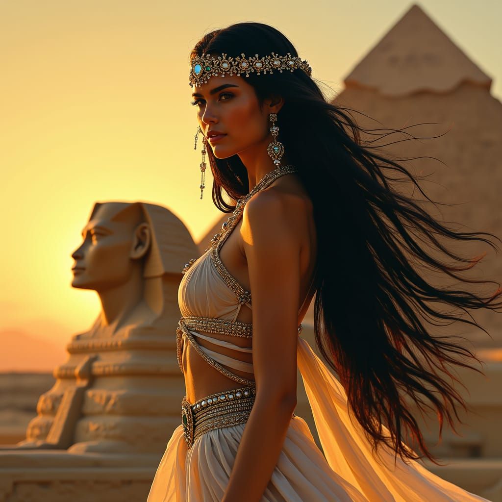 Cleopatra Beside the Sphinx in Fantasy Art Style