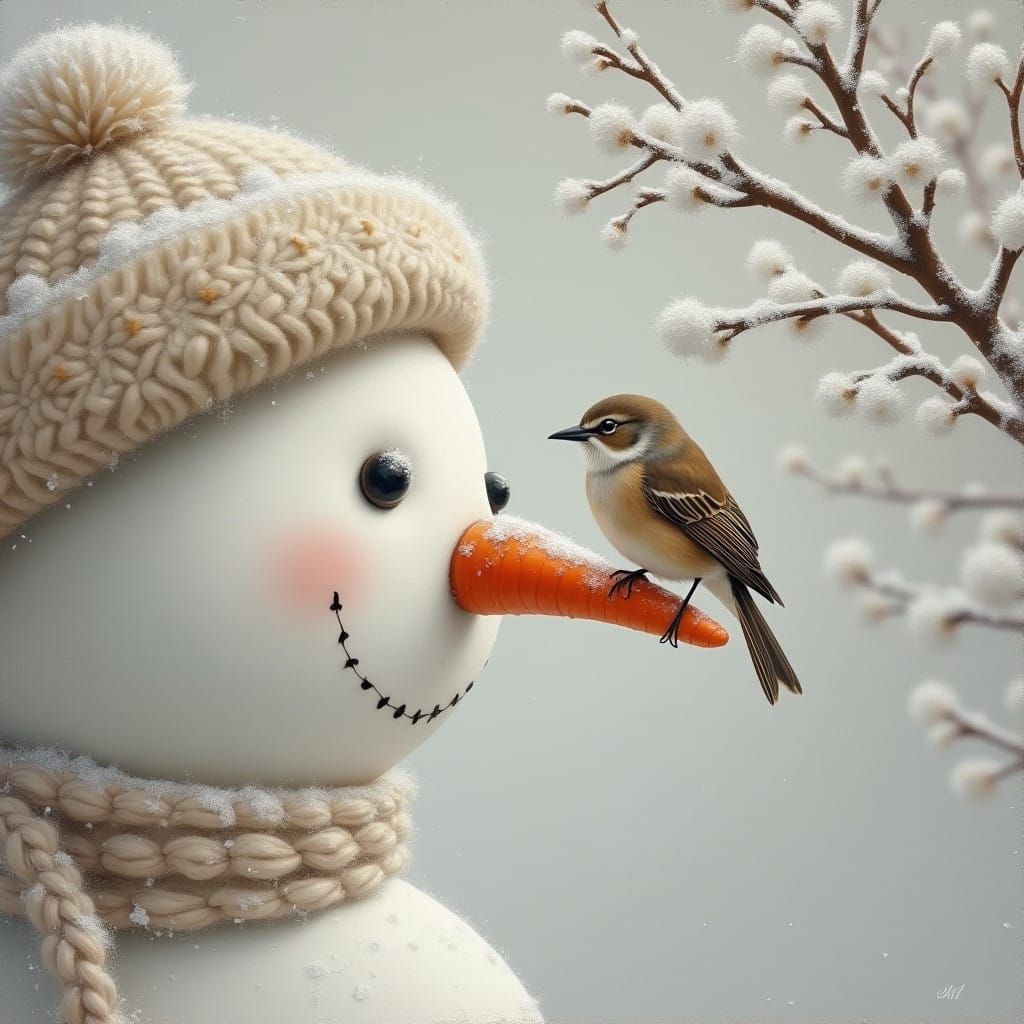 Snowman's Winter Portrait in Muted Oil