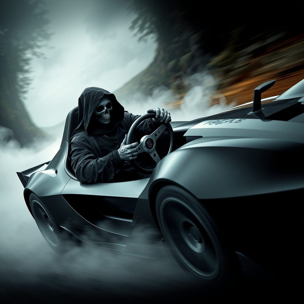 Grim Reaper Drives Supercar in Futuristic Art Style