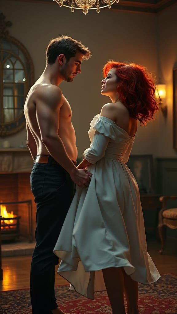 Passionate Embrace by Firelight in Detailed Matte Painting S...