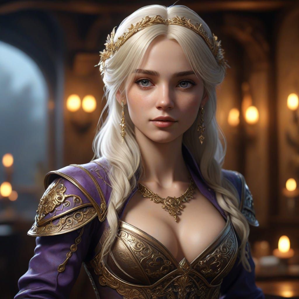 Ethereal Dwarven Woman in Dark Fantasy Tavern