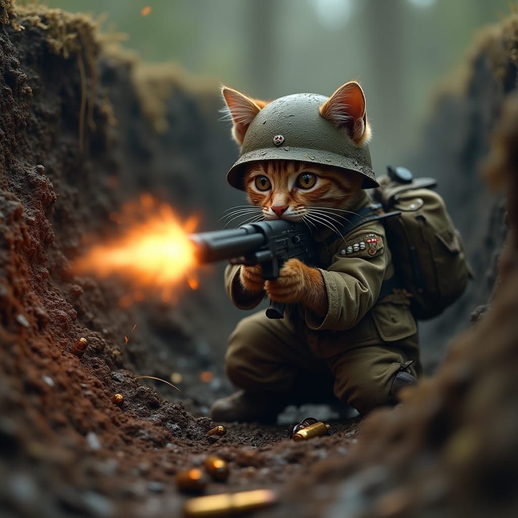 Kitten Soldier in WW2 Trench, Hyperrealistic 8K Detail