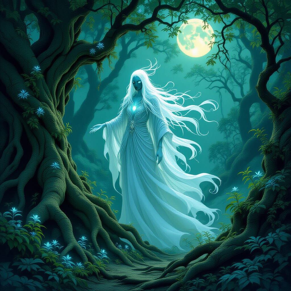 Ethereal Forest Spirit Emerges from Gnarled Roots in Dark Fa...