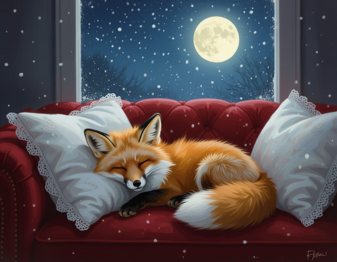 Cozy Fox Sleeping on Velvet Couch Under Moonlight