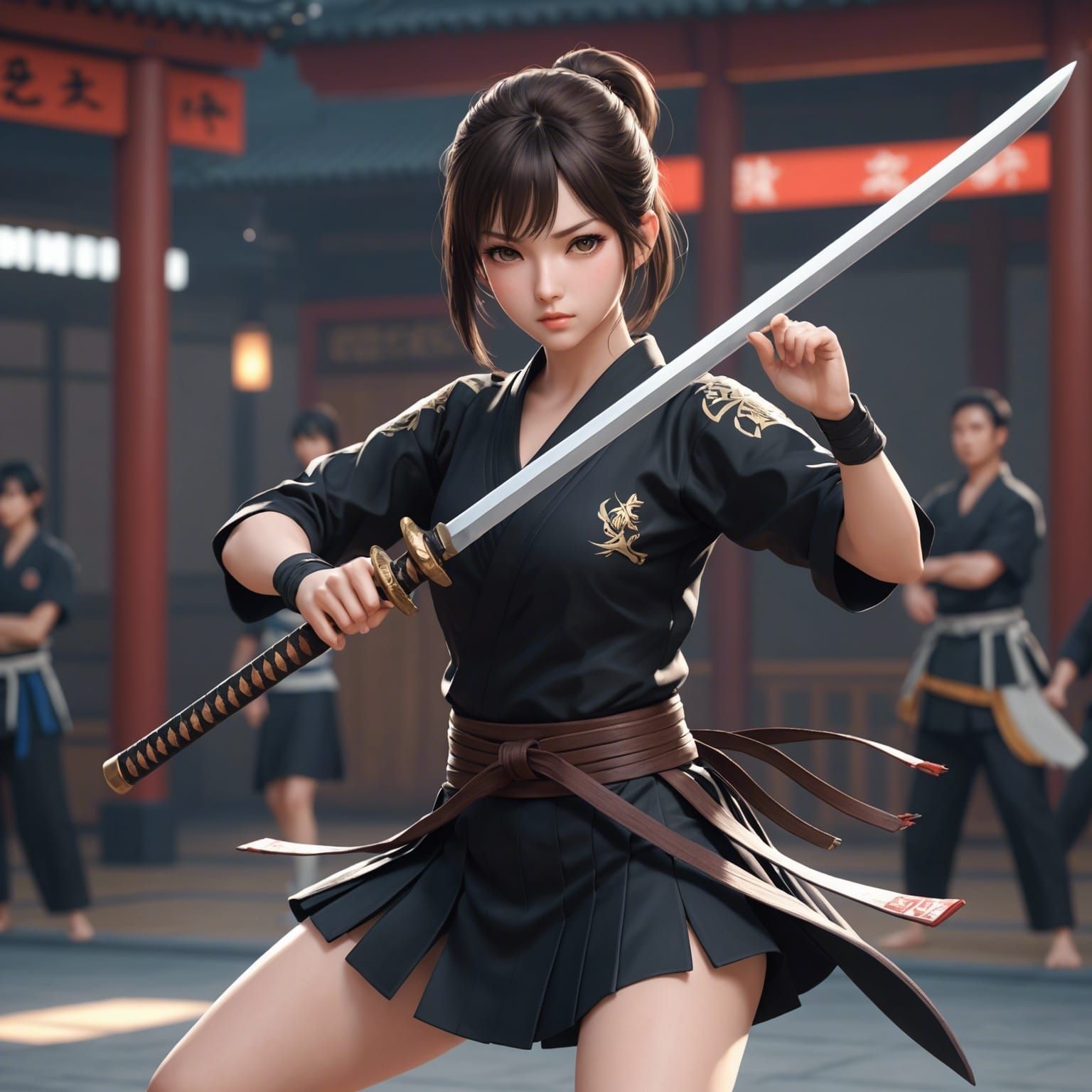 Brunette Martial Artist with Naginata in 3D Anime Style