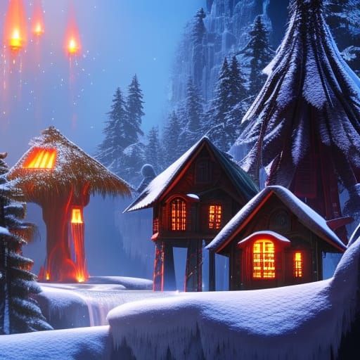 Fantasy Elven Village in Winter Wonderland