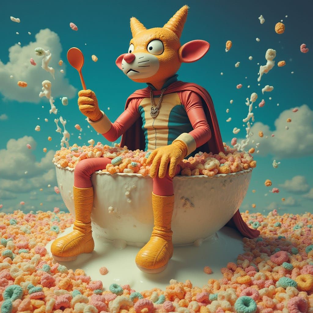 Cereal Supervillain in Surrealist Dreamscape