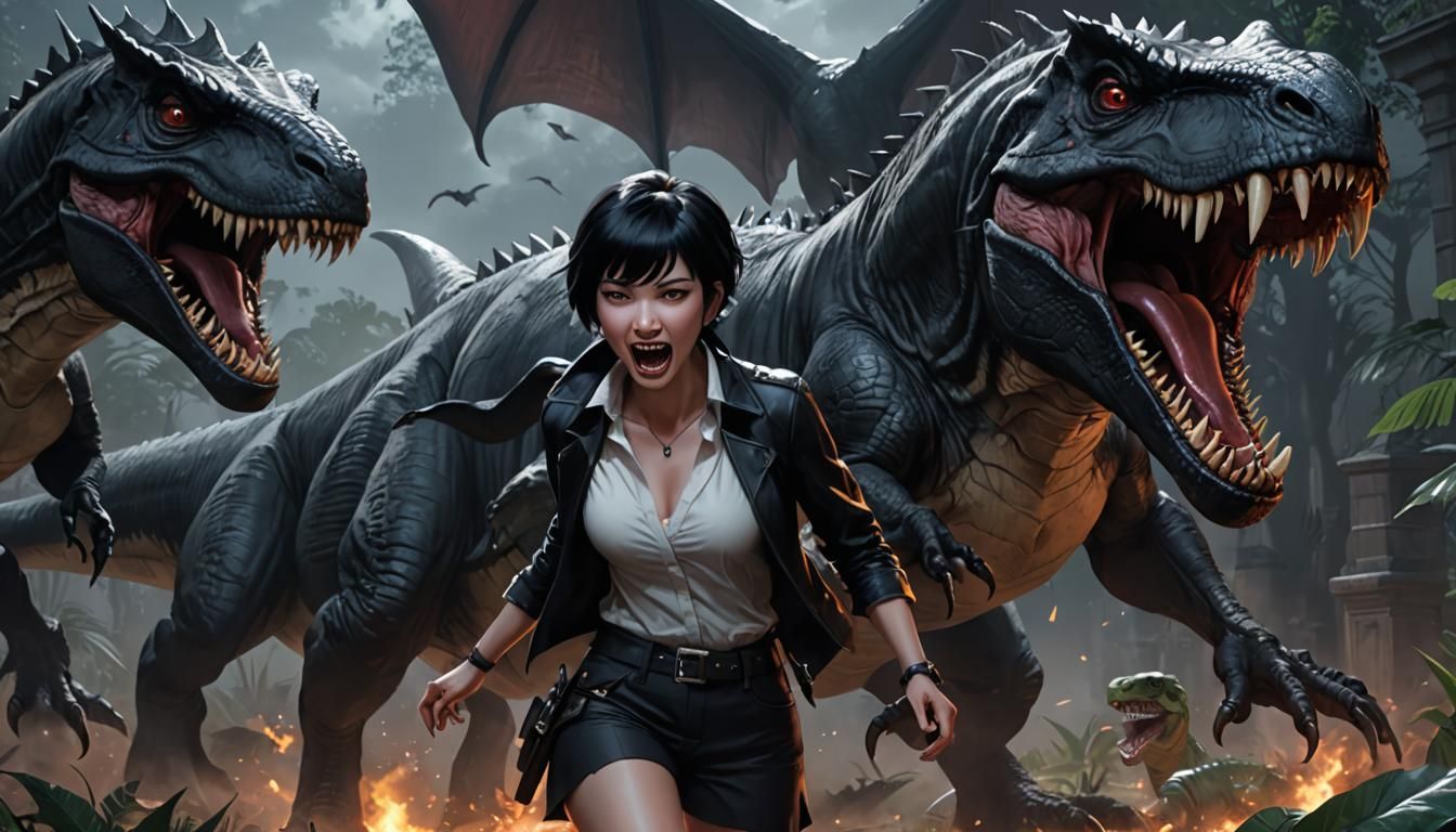 Vampire Bites Dinosaur in 3D Anime Art